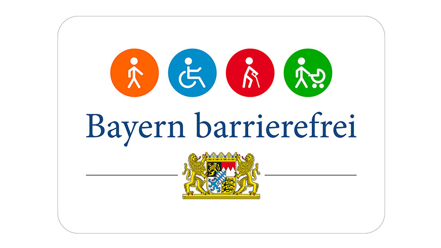 Signet „Bayern barrierefrei“: Bildzeichen und Wortmarke für das Programm „Bayern barrierefrei“ mit großem bayerischen Staatswappen.