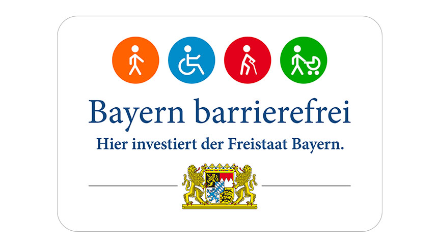 Signet „Bayern barrierefrei – Hier investiert der Freistaat Bayern.“: Bildzeichen und Wortmarke für das Programm „Bayern barrierefrei“ mit großem bayerischen Staatswappen.