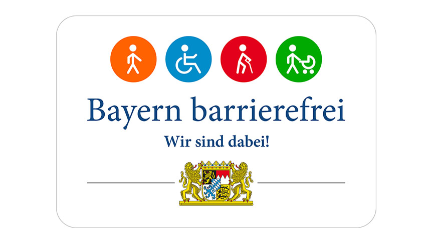 Signet „Bayern barrierefrei – Wir sind dabei!“: Bildzeichen und Wortmarke für das Programm „Bayern barrierefrei“ mit großem bayerischen Staatswappen.