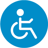 Stilisierte weiße Figur im Rollstuhl in einem blauen Kreis.