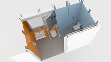 Blick von oben in ein 3-D-Modell des Systembads.