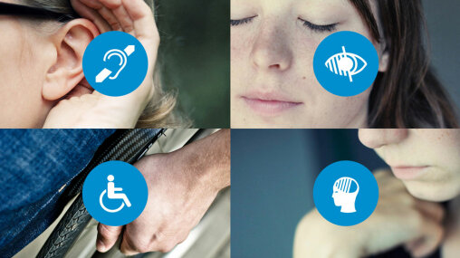 Symbolbilder: Hörbehinderung, Sehbehinderung, motorische Einschränkung und kognitive Beeinträchtigung.