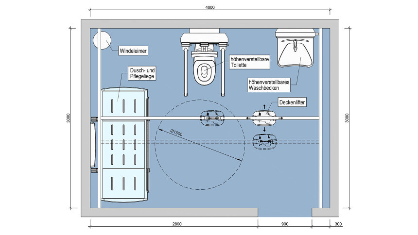 Planzeichnung: Gesamtansicht einer „Toilette für alle“.