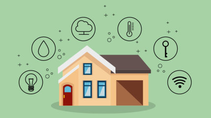 Illustration: Einfamilienhaus mit Symbolen für digitale Haussteuerung.