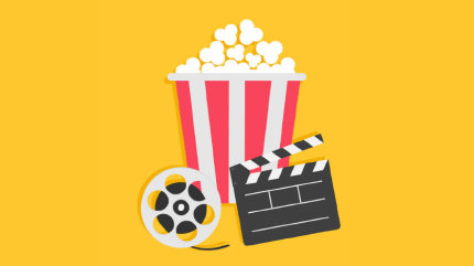 Illustration: Symbole für einen Kinobesuch – Filmklappe, Filmrolle und Popcorn-Becher.