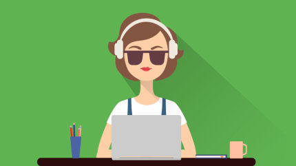 Illustration: Frau mit dunkler Brille und Kopfhörern sitzt hinter einem Notebook.