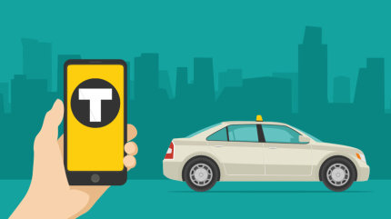 Illustration: Ein Mensch hält ein Smartphone mit einer geöffneten Taxi-App.