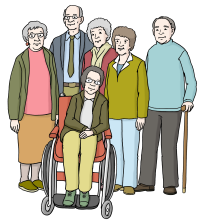 Zeichnung: Eine Gruppe von älteren Menschen.
Manche haben einen Gehstock oder einen Rollstuhl.
