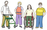Zeichnung: Eine Gruppe von Menschen verschiedenen Alters, mit und ohne sichtbare Behinderung.