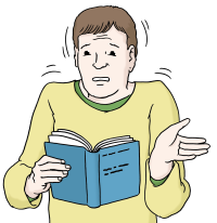 Zeichnung: Ein Mann hält ein Buch in der Hand. Er versteht den Text im Buch nicht.