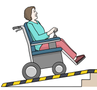 Zeichnung: Ein Mensch fährt im Elektro-Rollstuhl eine Rampe hinauf.