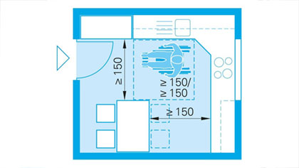 Grundriss einer rollstuhlgerechten Küche.