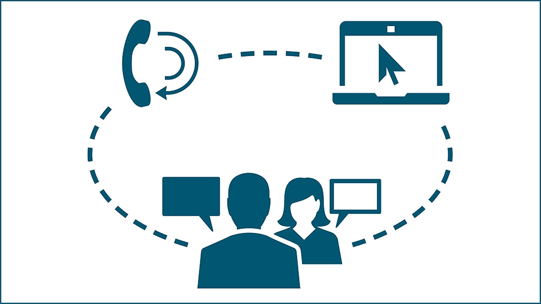 Grafik: Zwei Menschen im Gespräch, Computer und Ohr mit Telefonhörer.