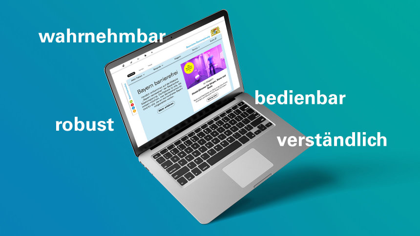 Infografik: Eine barrierefreie Website ist 1. wahrnehmbar, 2. bedienbar, 3. verständlich und 4. robust.