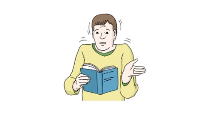 Zeichnung: Ein Mensch guckt in ein Buch. Er zuckt ratlos die Schultern.