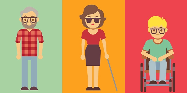 Illustrationen von drei Personen; ein Mann, grauhaarig, mit Brille und Bart, eine Frau mit dunkler Brille und Langstock, ein junger Mann im Rollstuhl.