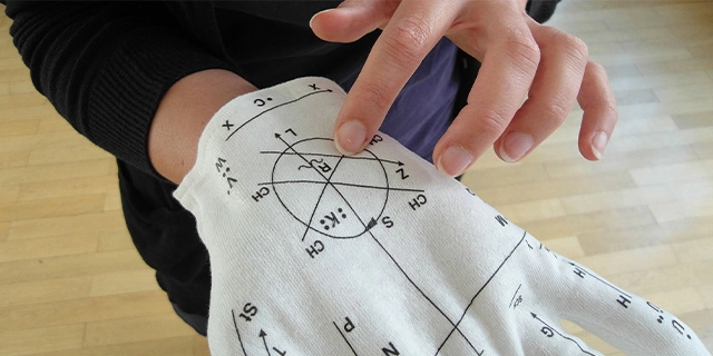 Finger streicht über einen Lorm-Handschuh.