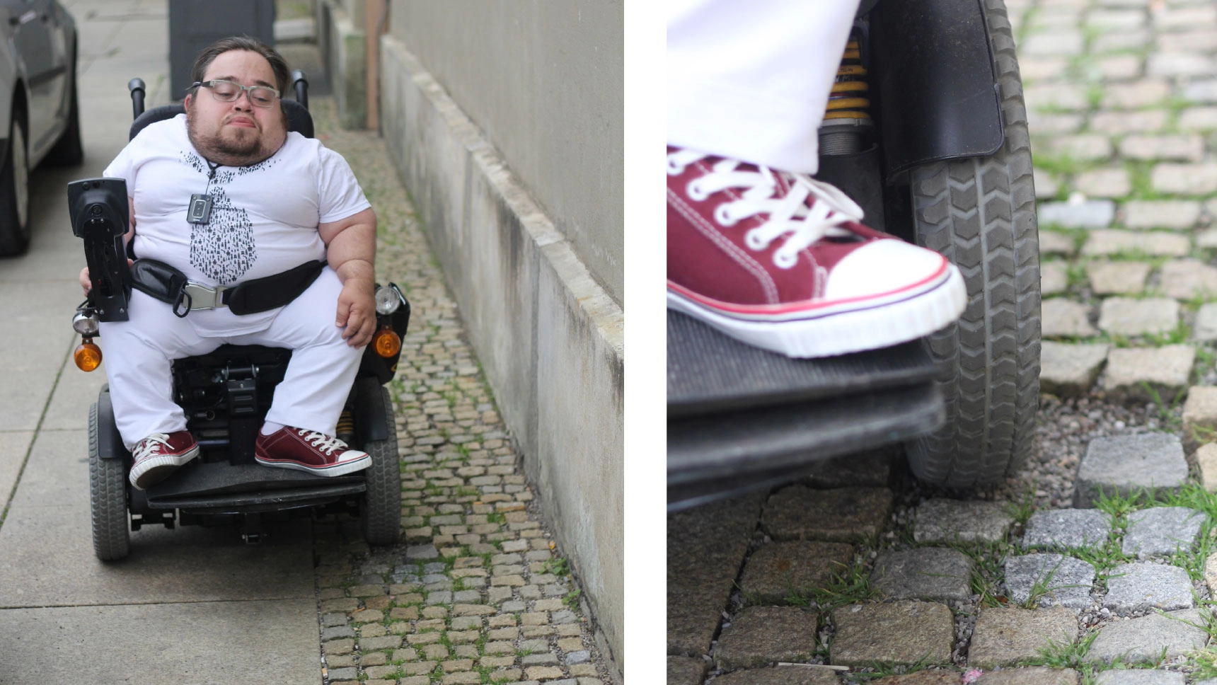 Bild 1: Benedikt Lika auf einem Bürgersteig. Ein Teil des Wegs ist mit großen Platten belegt, der Streifen daneben besteht aus Kopfsteinpflaster. Bild 2: Die Nahaufnahme zeigt ein Vorderrad von Likas Rollstuhl in einem Loch in der Pflasterung.