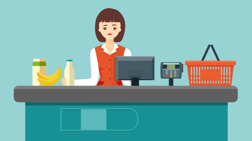 Illustration: Kassiererin an einer Supermarktkasse.