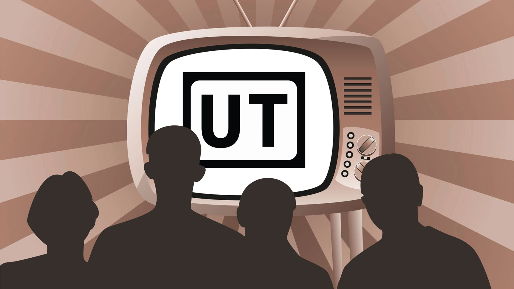 Illustration: Auf einem TV-Bildschirm steht groß die Abkürzung UT. Davor sitzen vier Personen.
